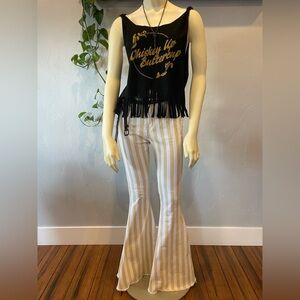 Festival/concert  outfit, high rise super flare denim, fringe cropped tank S/26